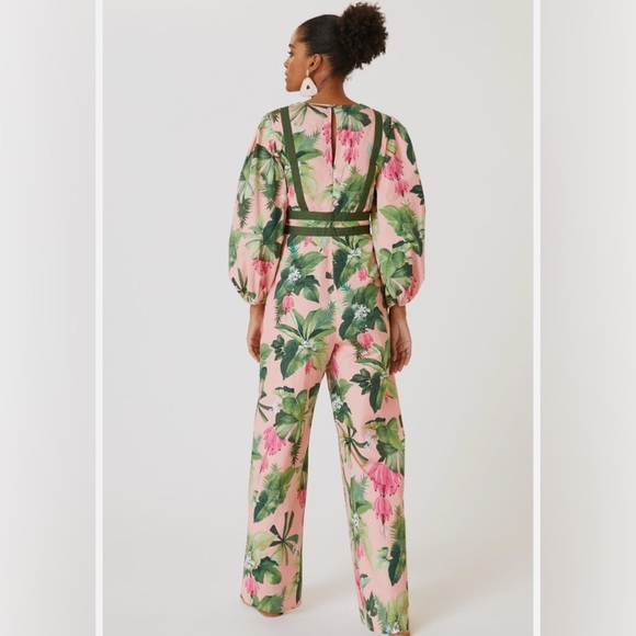 Farm Rio x Anthropologie XS NWT Deep-V Wide Leg Jumpsuit Tropical Floral Pink - Picture 5 of 17